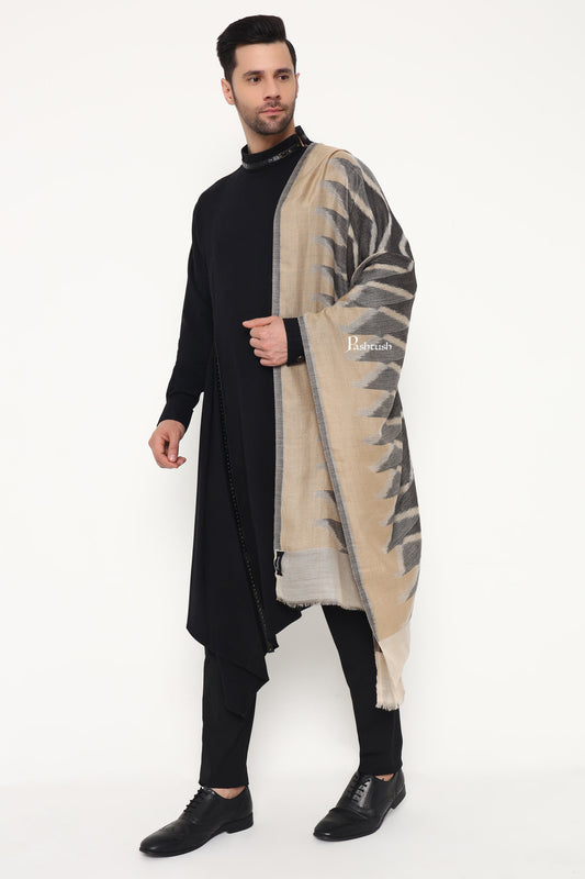Pashtush India Mens Scarves Stoles and Mufflers Pashtush Mens Extra Fine Wool Stole, Ikkat Design, Beige