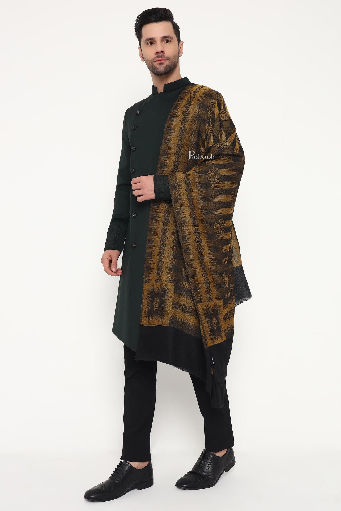 Pashtush India Mens Scarves Stoles and Mufflers Pashtush Mens Extra Fine Wool Stole, Ikkat Design, Black