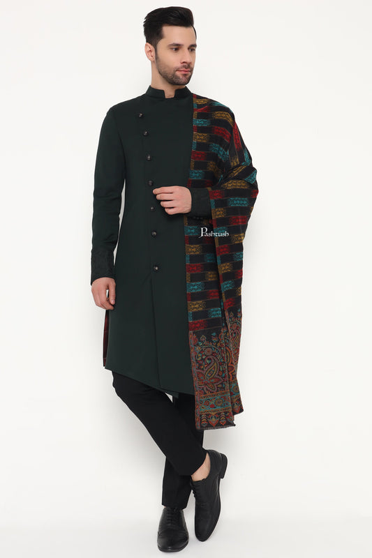 Pashtush India Mens Scarves Stoles and Mufflers Pashtush Mens Extra Fine Wool Stole, Ikkat With Zari Design, Black
