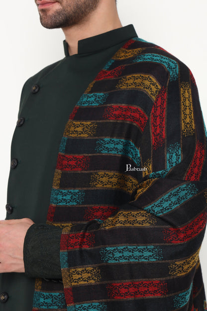 Pashtush India Mens Scarves Stoles and Mufflers Pashtush Mens Extra Fine Wool Stole, Ikkat With Zari Design, Black