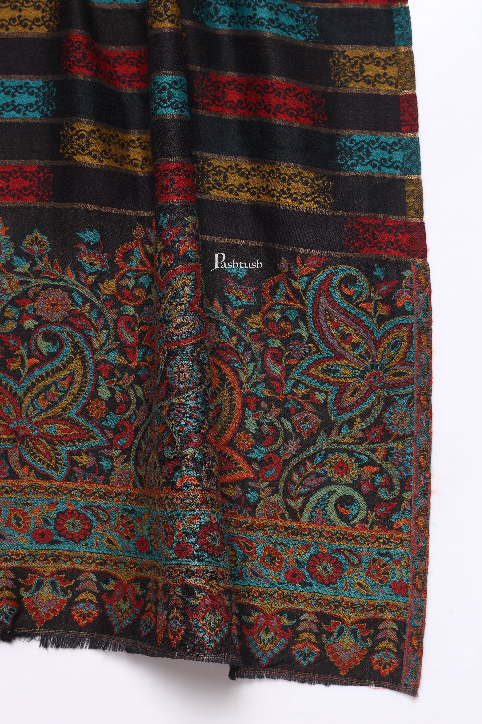 Pashtush India Mens Scarves Stoles and Mufflers Pashtush Mens Extra Fine Wool Stole, Ikkat With Zari Design, Black