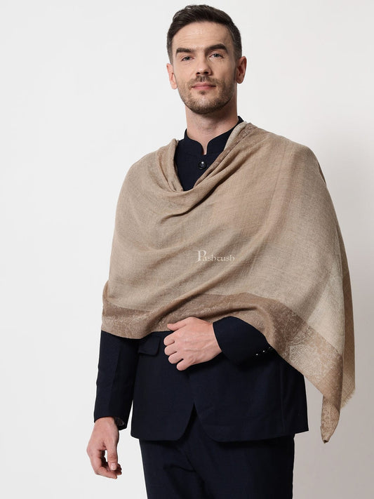 Pashtush India Mens Scarves Stoles and Mufflers Pashtush mens Extra Fine Wool stole, jacquard border design, Beige