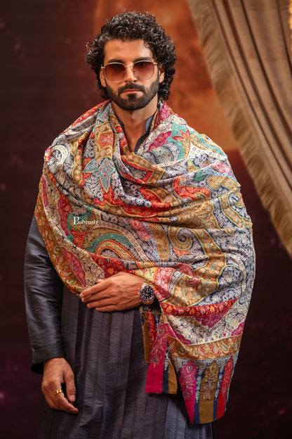 Pashtush India Mens Scarves Stoles and Mufflers Pashtush Mens Extra Fine Wool Stole, Kalamkari Embroidery Design, Multicolour