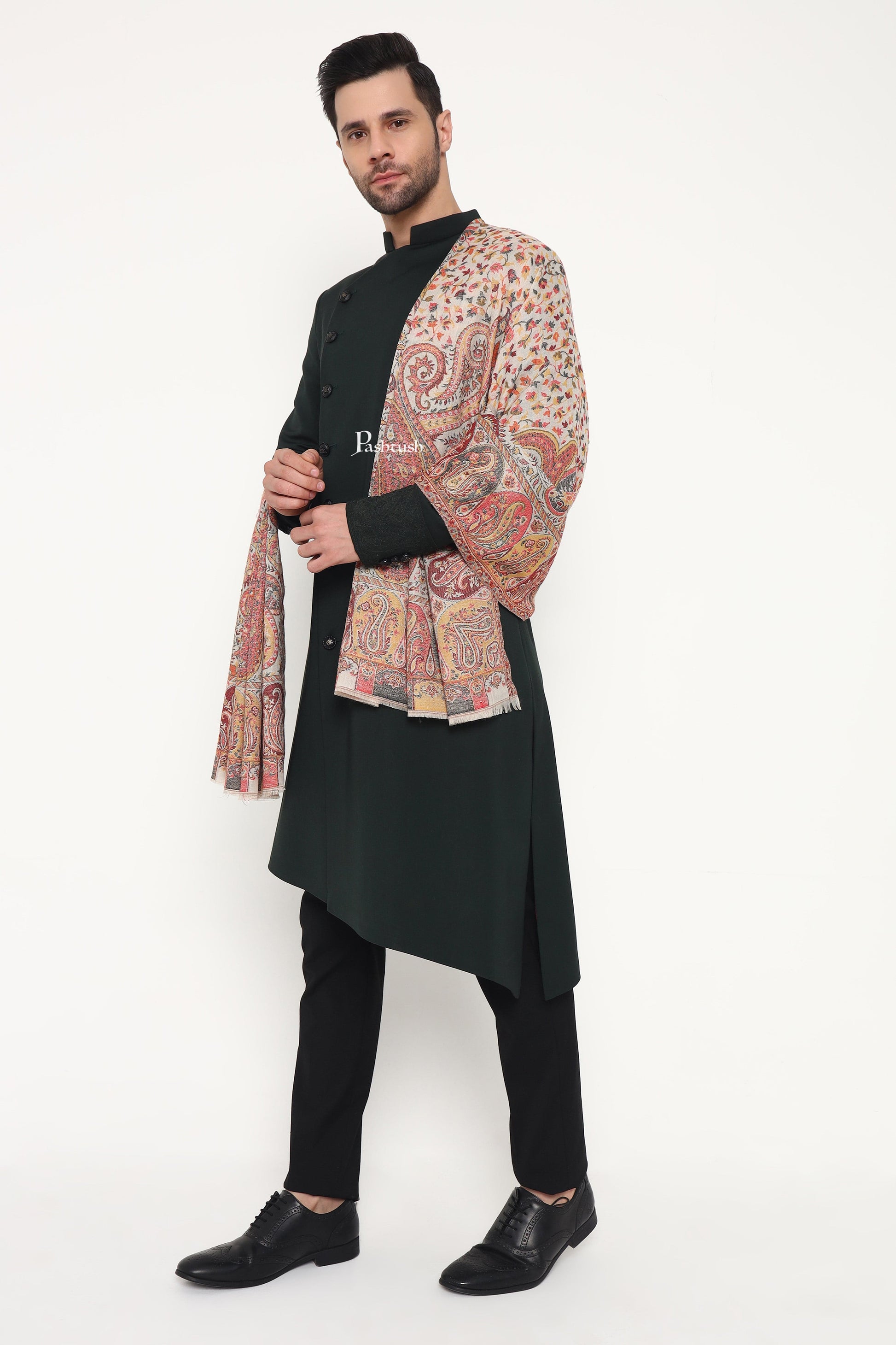 Pashtush India Mens Scarves Stoles and Mufflers Pashtush Mens Extra Fine Wool Stole, Paisley Design, Beige