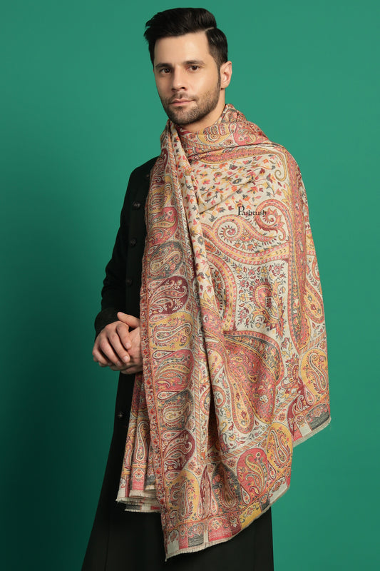 Pashtush India Mens Scarves Stoles and Mufflers Pashtush Mens Extra Fine Wool Stole, Paisley Design, Beige