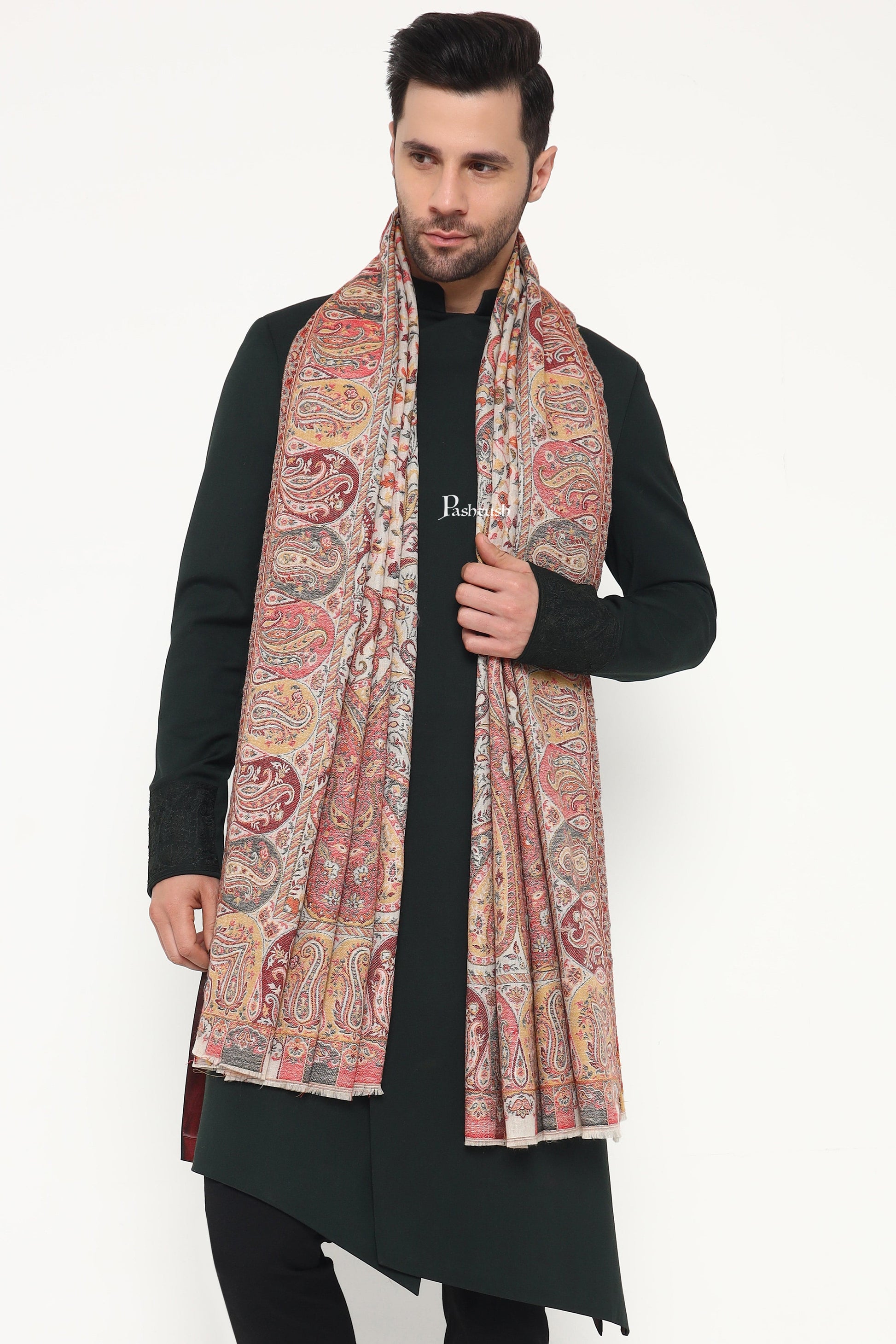 Pashtush India Mens Scarves Stoles and Mufflers Pashtush Mens Extra Fine Wool Stole, Paisley Design, Beige