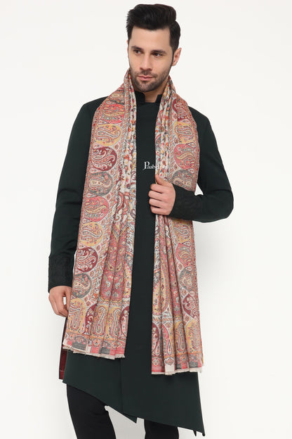 Pashtush India Mens Scarves Stoles and Mufflers Pashtush Mens Extra Fine Wool Stole, Paisley Design, Beige