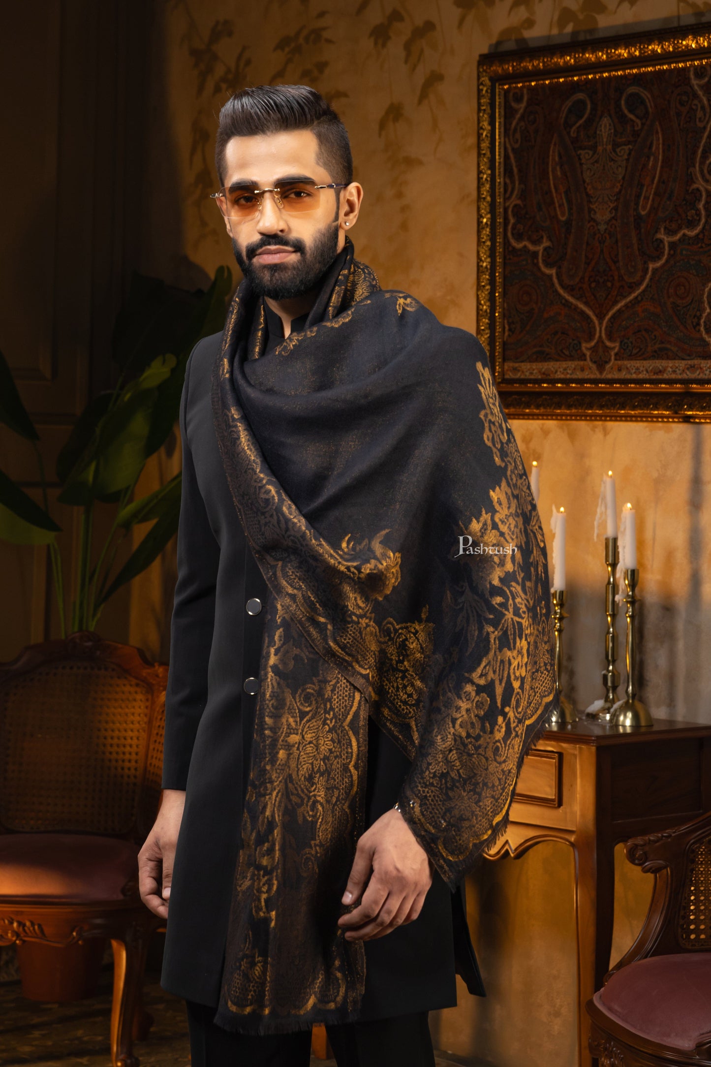 Pashtush India Mens Scarves Stoles and Mufflers Pashtush Mens Extra Fine Wool Stole, Paisley Design, Black