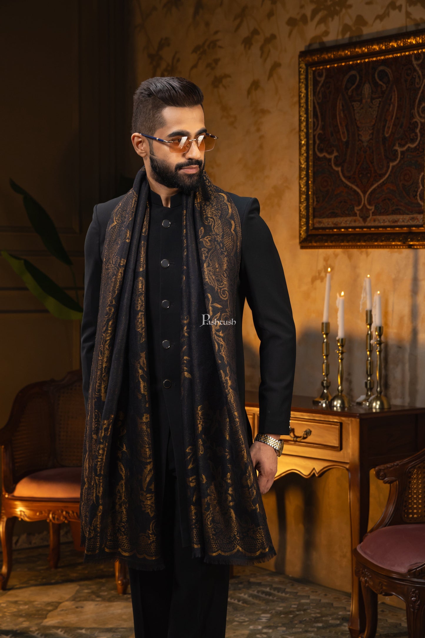Pashtush India Mens Scarves Stoles and Mufflers Pashtush Mens Extra Fine Wool Stole, Paisley Design, Black
