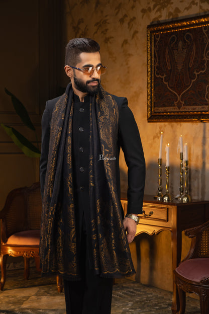 Pashtush India Mens Scarves Stoles and Mufflers Pashtush Mens Extra Fine Wool Stole, Paisley Design, Black