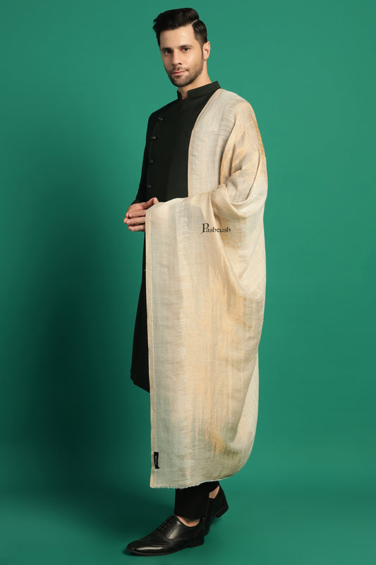 Pashtush India Mens Scarves Stoles and Mufflers Pashtush Mens Extra Fine Wool Stole, Paisley Design, Ivory