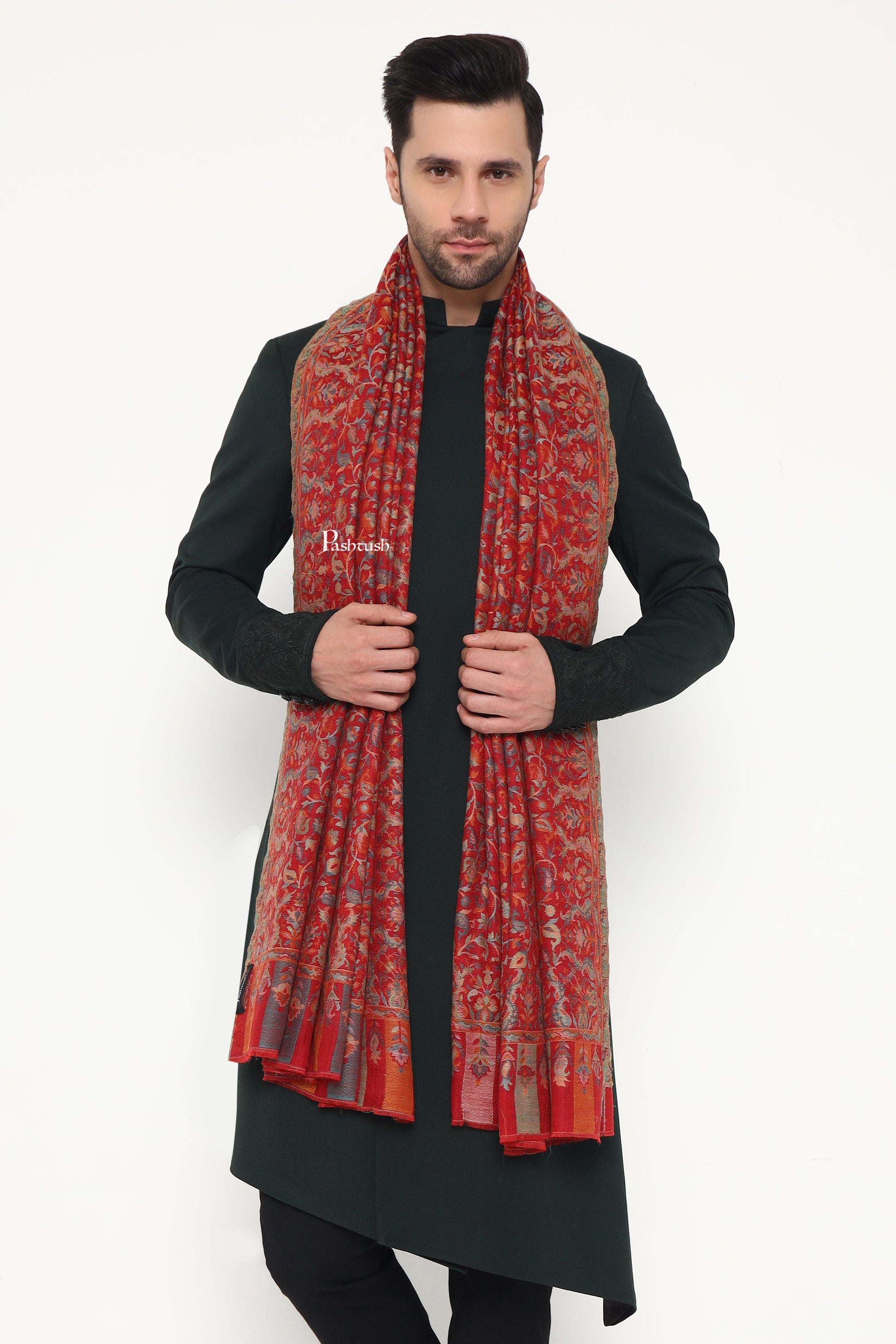 Pashtush India Mens Scarves Stoles and Mufflers Pashtush Mens Extra Fine Wool Stole, Paisley Design, Maroon