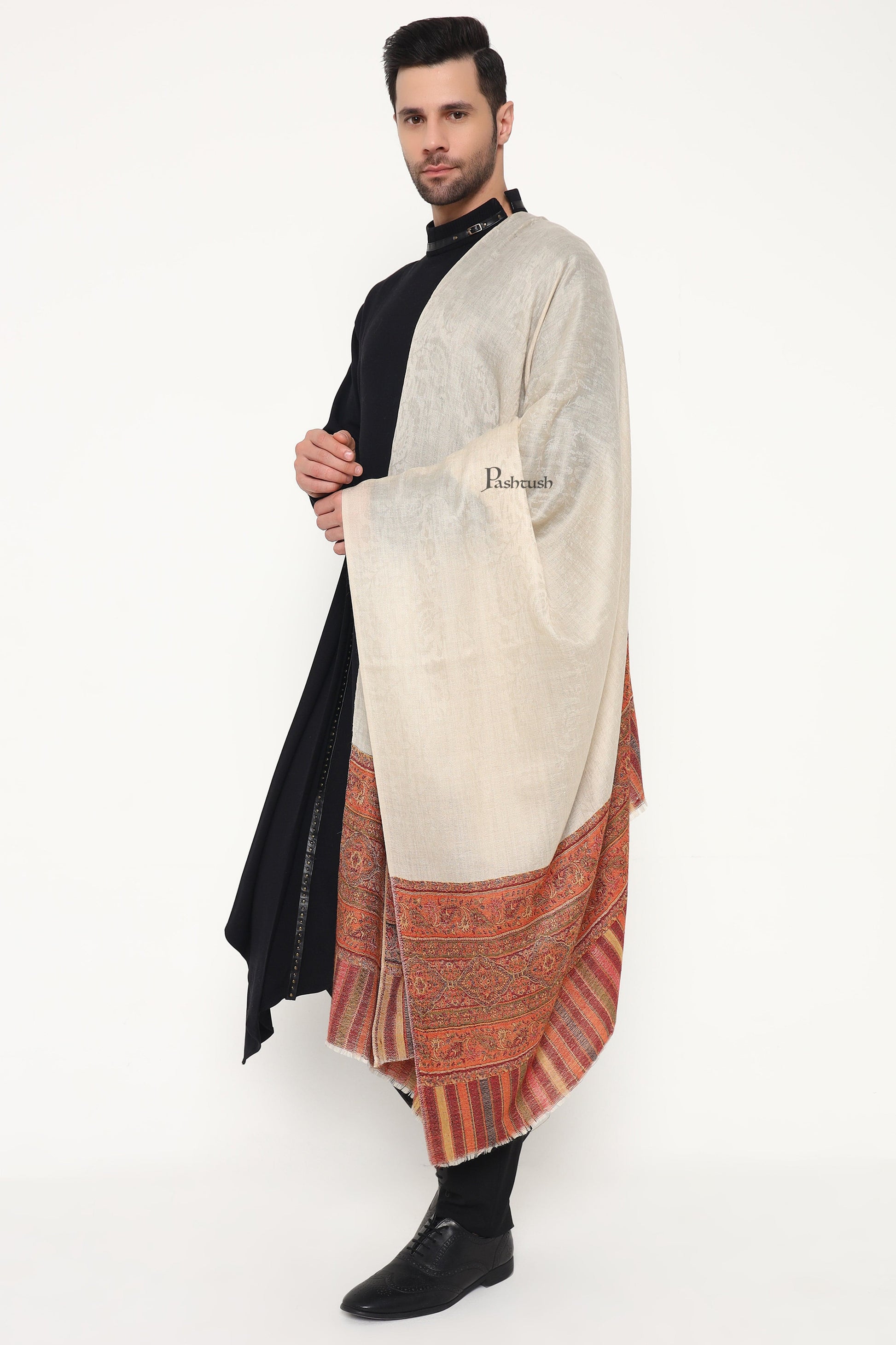 Pashtush India Mens Scarves Stoles and Mufflers Pashtush Mens Extra Fine Wool Stole, Paisley Palla Design, Beige