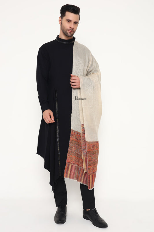 Pashtush India Mens Scarves Stoles and Mufflers Pashtush Mens Extra Fine Wool Stole, Paisley Palla Design, Beige