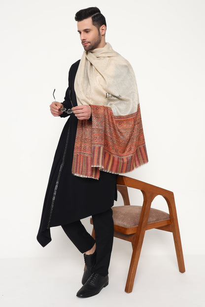 Pashtush India Mens Scarves Stoles and Mufflers Pashtush Mens Extra Fine Wool Stole, Paisley Palla Design, Beige