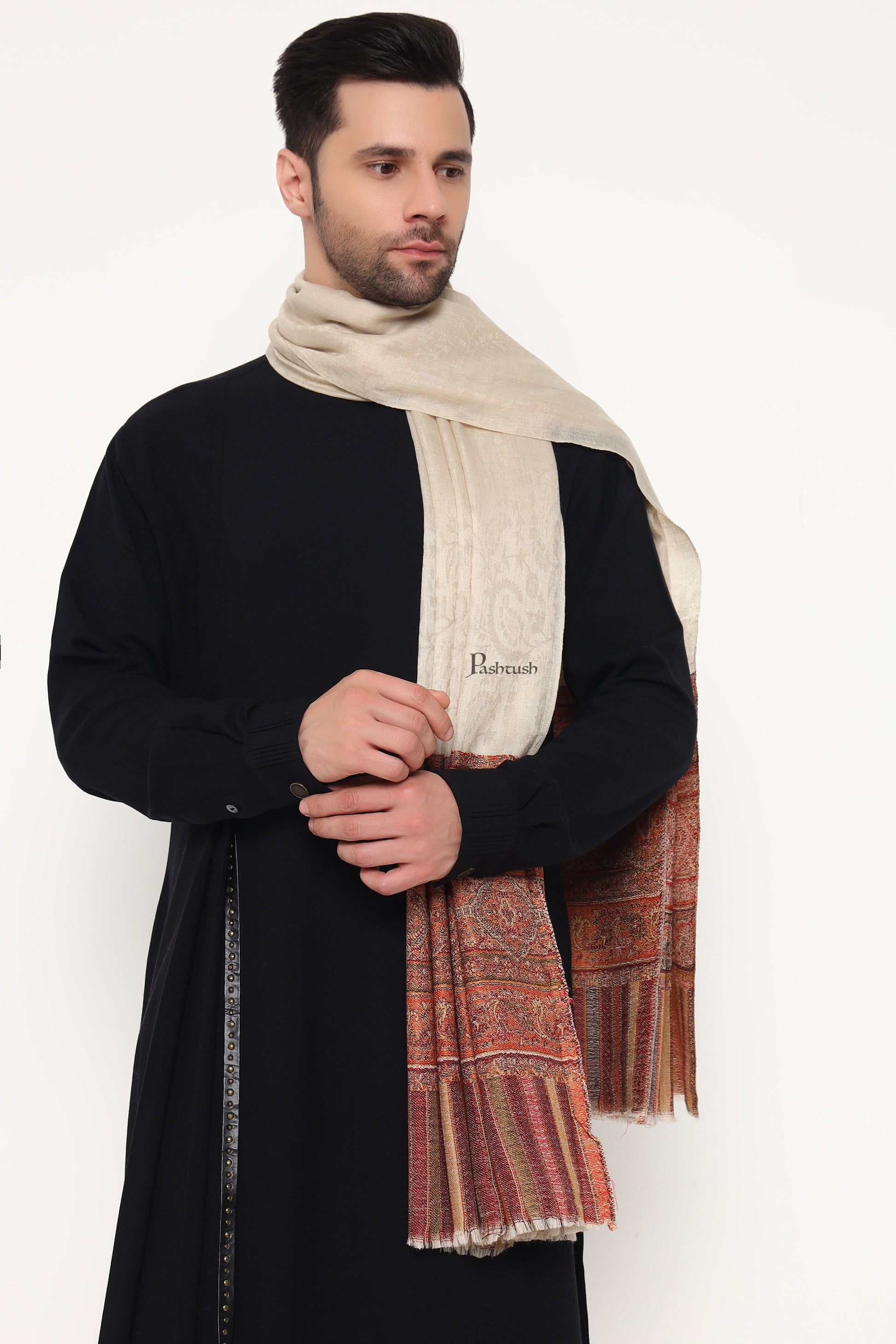 Pashtush India Mens Scarves Stoles and Mufflers Pashtush Mens Extra Fine Wool Stole, Paisley Palla Design, Beige