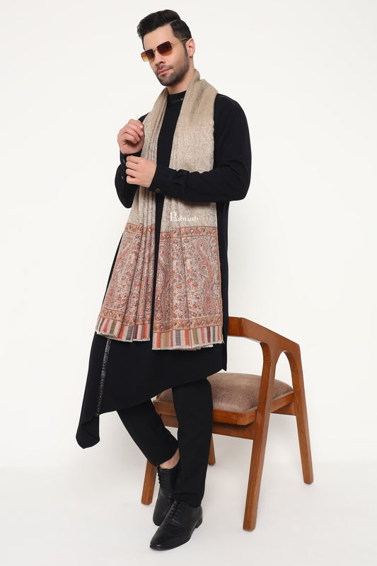 Pashtush India Mens Scarves Stoles and Mufflers Pashtush Mens Extra Fine Wool Stole, Paisley Palla Design, Beige