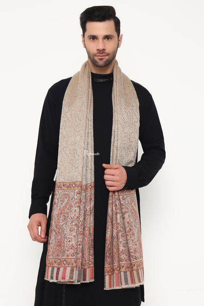 Pashtush India Mens Scarves Stoles and Mufflers Pashtush Mens Extra Fine Wool Stole, Paisley Palla Design, Beige