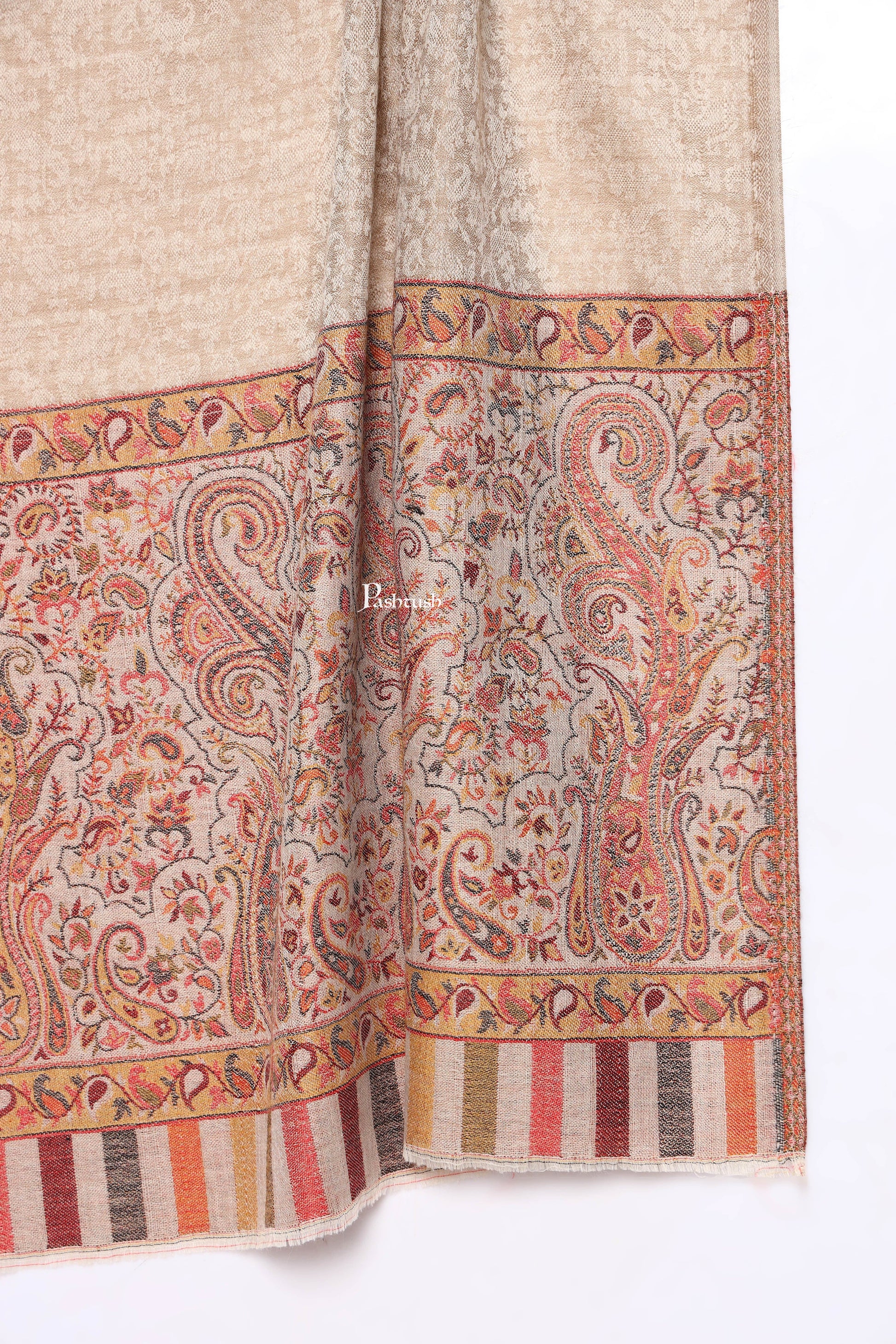 Pashtush India Mens Scarves Stoles and Mufflers Pashtush Mens Extra Fine Wool Stole, Paisley Palla Design, Beige