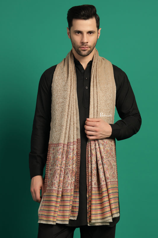 Pashtush India Mens Scarves Stoles and Mufflers Pashtush Mens Extra Fine Wool Stole, Paisley Palla Design, Beige