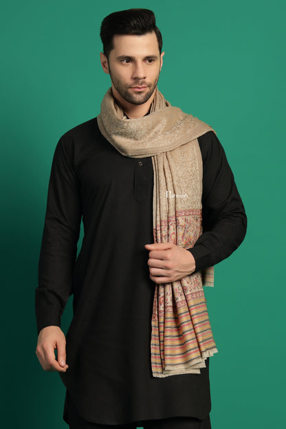 Pashtush India Mens Scarves Stoles and Mufflers Pashtush Mens Extra Fine Wool Stole, Paisley Palla Design, Beige