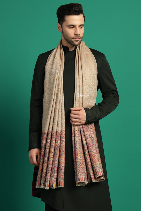 Pashtush India Mens Scarves Stoles and Mufflers Pashtush Mens Extra Fine Wool Stole, Paisley Palla Design, Beige