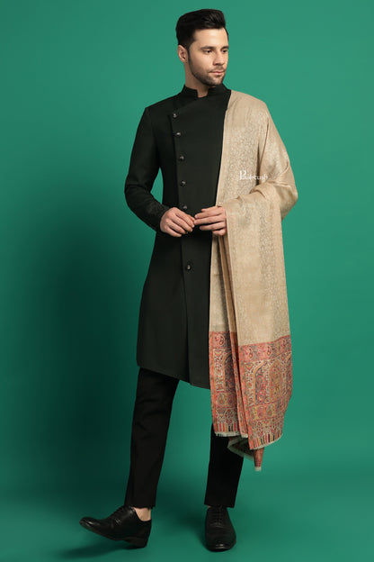 Pashtush India Mens Scarves Stoles and Mufflers Pashtush Mens Extra Fine Wool Stole, Paisley Palla Design, Beige