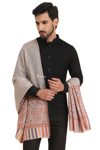 Pashtush India Mens Scarves Stoles and Mufflers Pashtush Mens Extra Fine Wool Stole, Paisley Weave Design, Beige