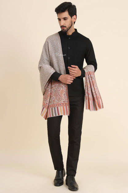 Pashtush India Mens Scarves Stoles and Mufflers Pashtush Mens Extra Fine Wool Stole, Paisley Weave Design, Beige