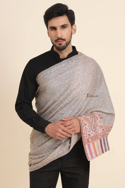 Pashtush India Mens Scarves Stoles and Mufflers Pashtush Mens Extra Fine Wool Stole, Paisley Weave Design, Beige