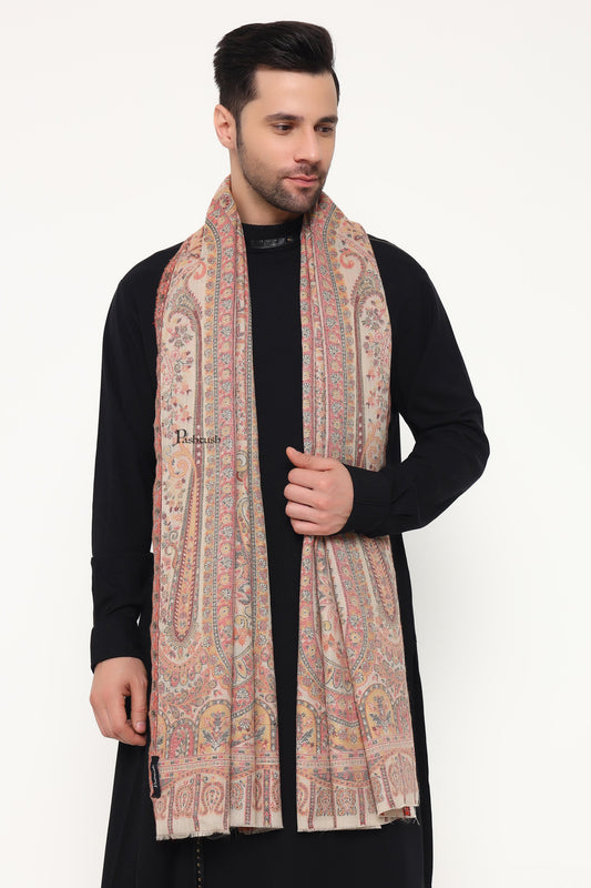 Pashtush India Mens Scarves Stoles and Mufflers Pashtush Mens Extra Fine Wool Stole, Paisley Weave Design, Beige