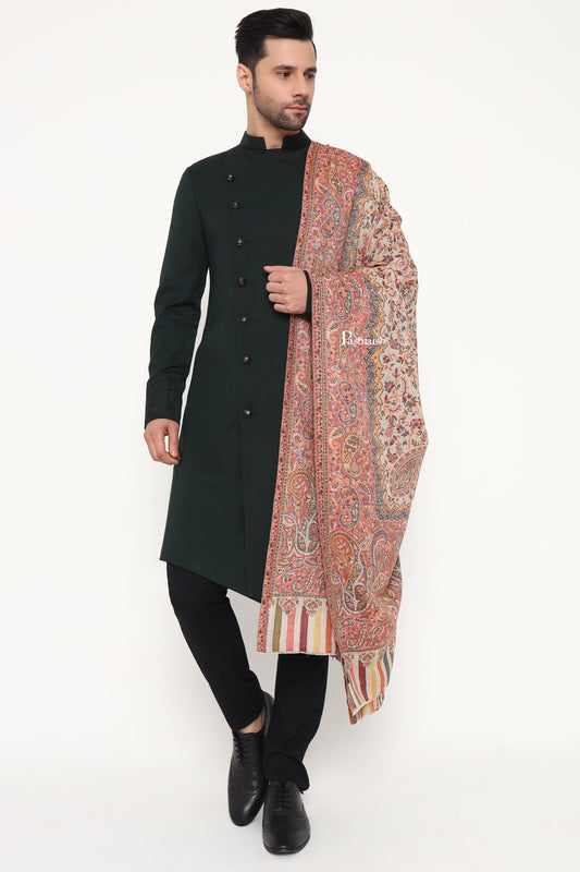 Pashtush India Mens Scarves Stoles and Mufflers Pashtush Mens Extra Fine Wool Stole, Paisley Weave Design, Beige