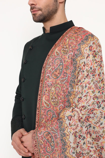 Pashtush India Mens Scarves Stoles and Mufflers Pashtush Mens Extra Fine Wool Stole, Paisley Weave Design, Beige