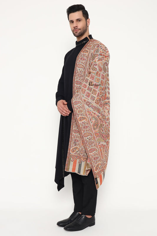 Pashtush India Mens Scarves Stoles and Mufflers Pashtush Mens Extra Fine Wool Stole, Paisley Weave Design, Beige