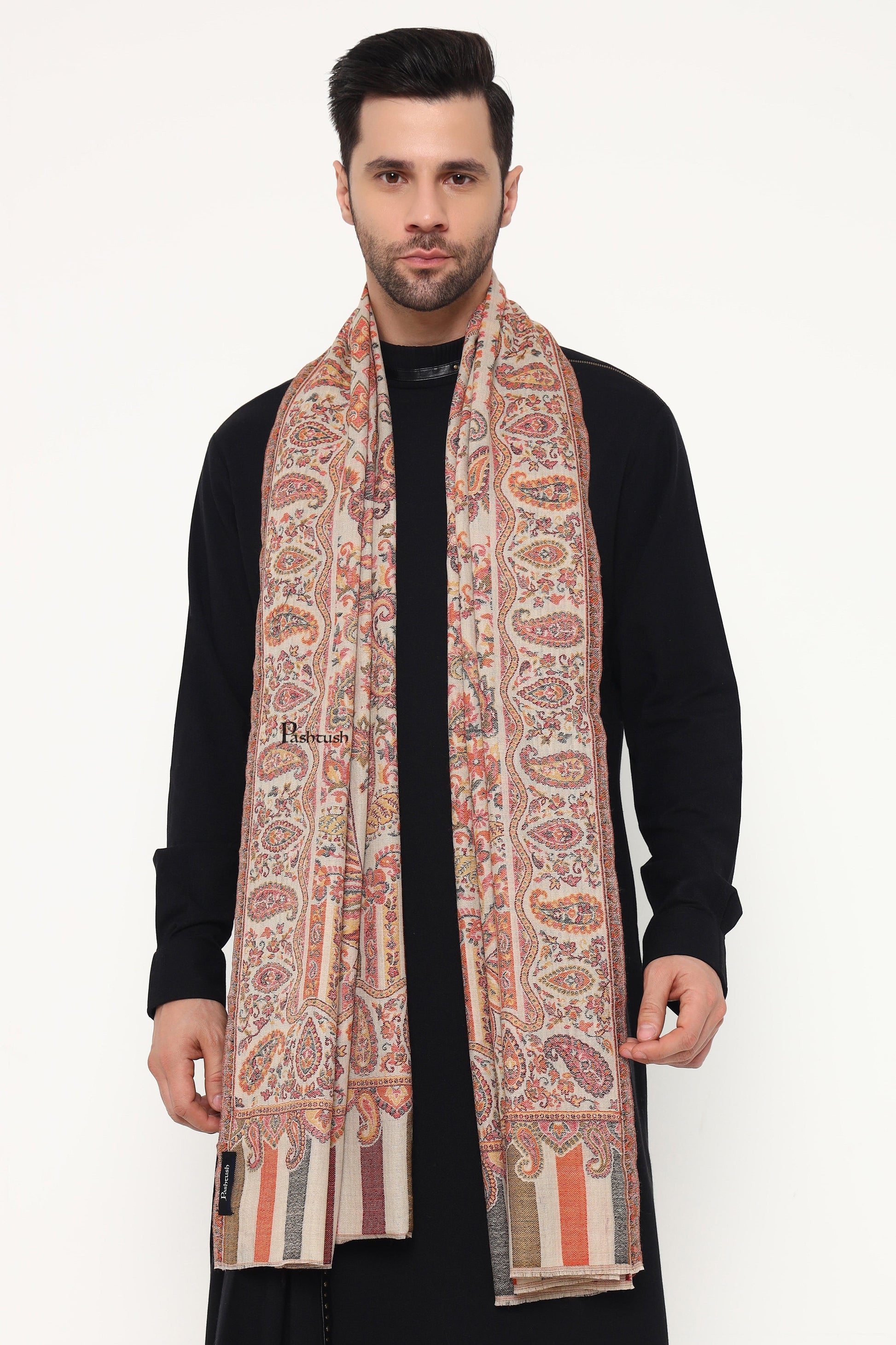 Pashtush India Mens Scarves Stoles and Mufflers Pashtush Mens Extra Fine Wool Stole, Paisley Weave Design, Beige