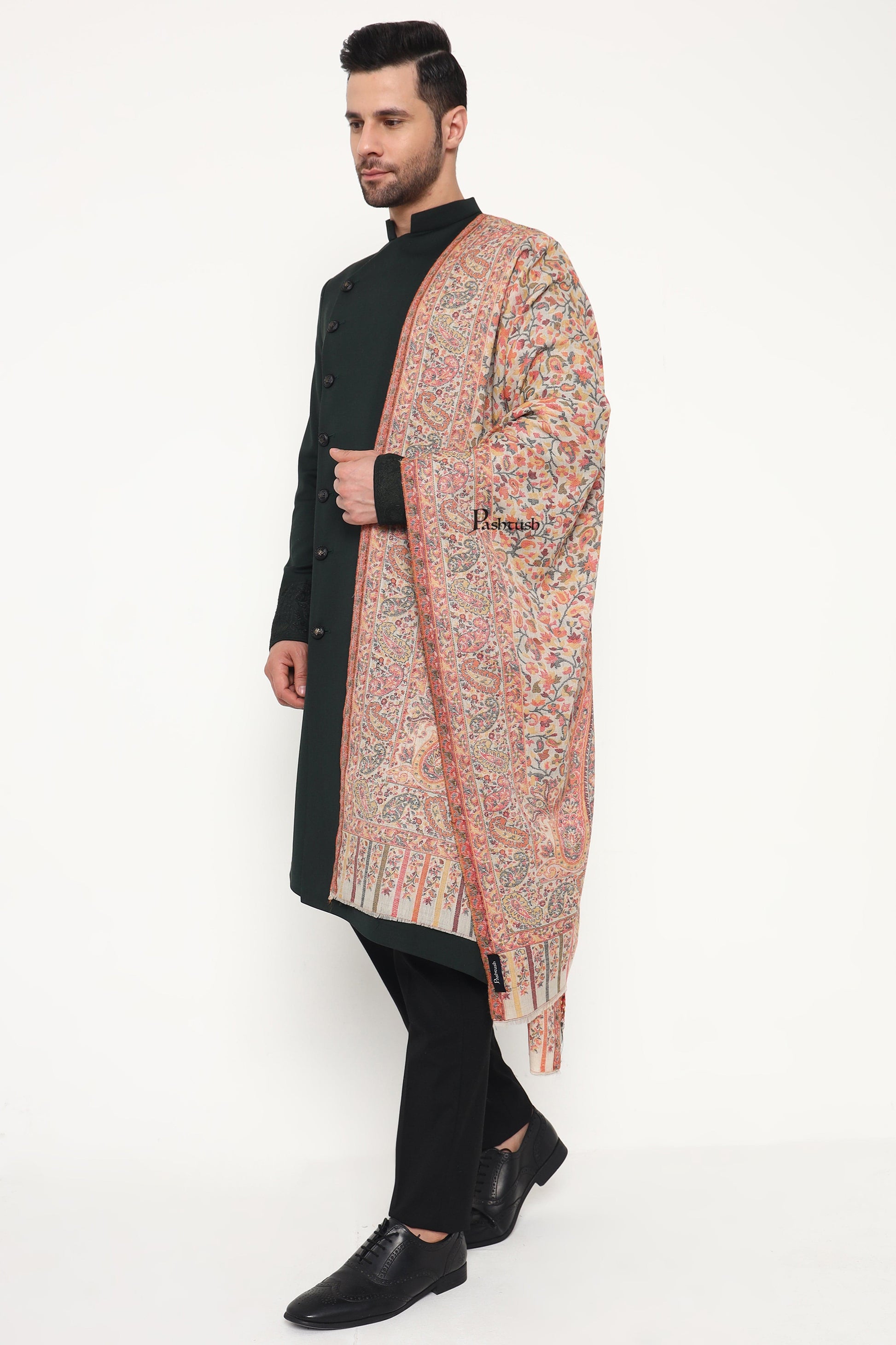 Pashtush India Mens Scarves Stoles and Mufflers Pashtush Mens Extra Fine Wool Stole, Paisley Weave Design, Beige