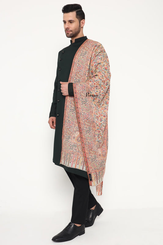 Pashtush India Mens Scarves Stoles and Mufflers Pashtush Mens Extra Fine Wool Stole, Paisley Weave Design, Beige