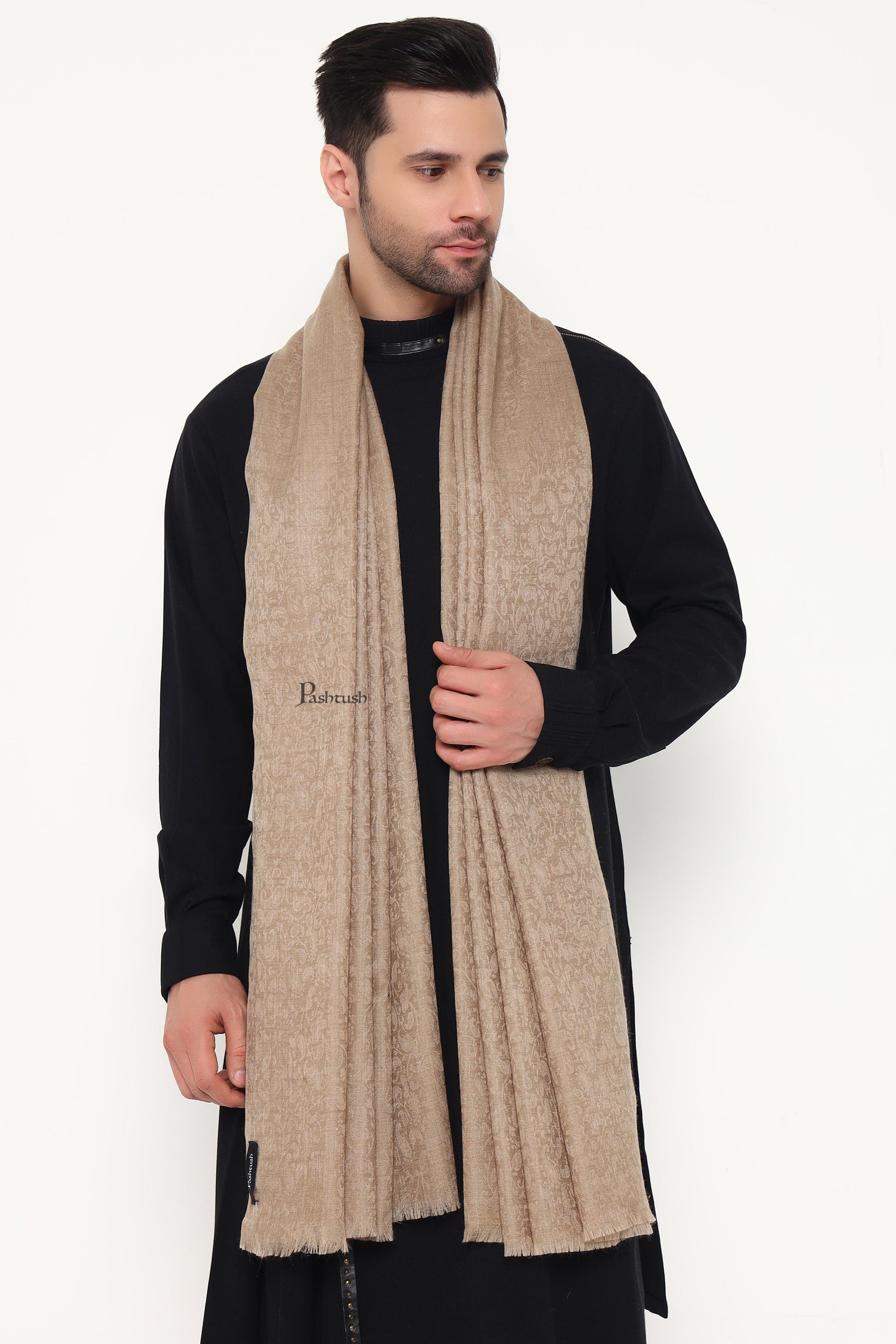 Pashtush India Mens Scarves Stoles and Mufflers Pashtush Mens Extra Fine Wool Stole, Paisley Weave Design, Taupe