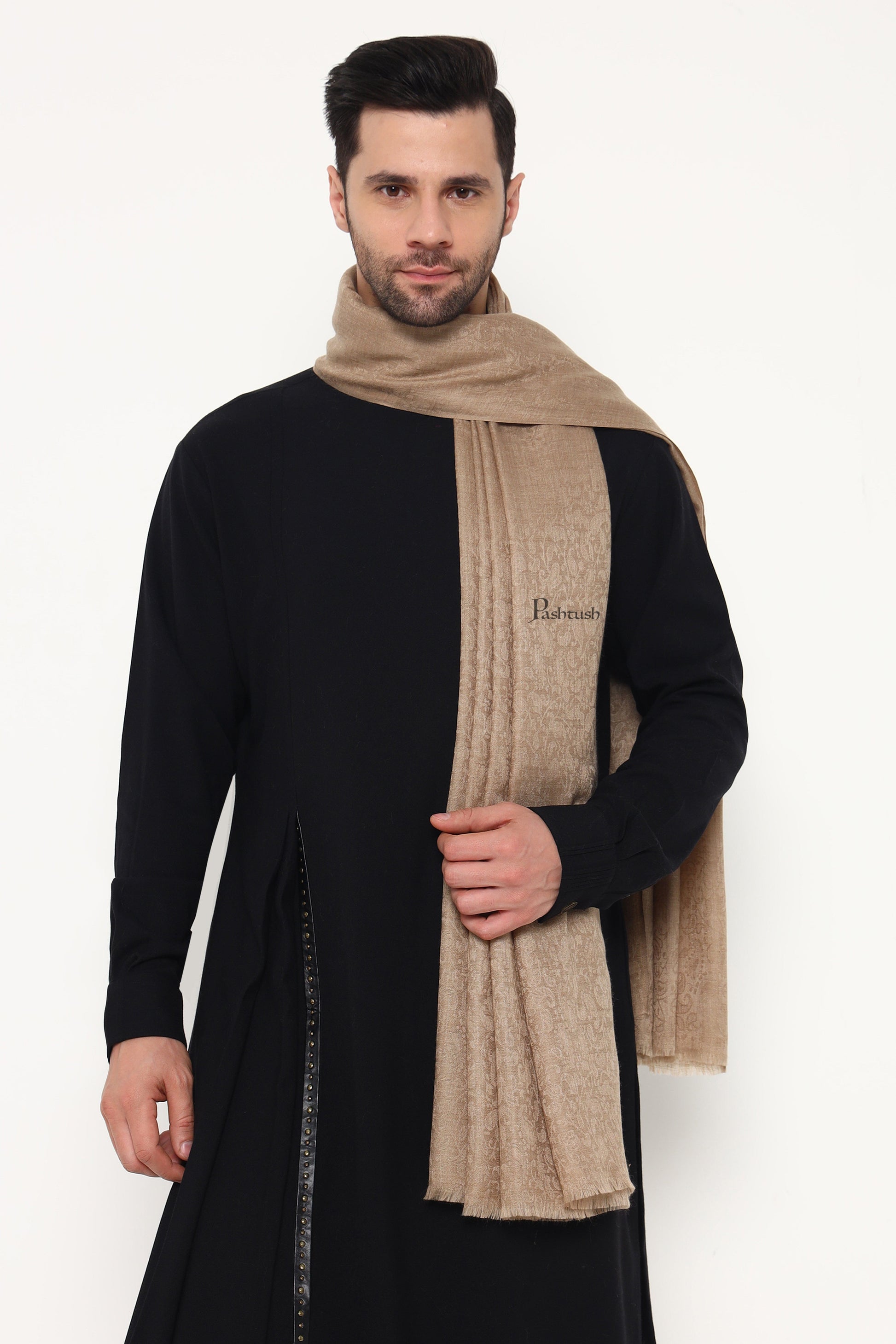 Pashtush India Mens Scarves Stoles and Mufflers Pashtush Mens Extra Fine Wool Stole, Paisley Weave Design, Taupe