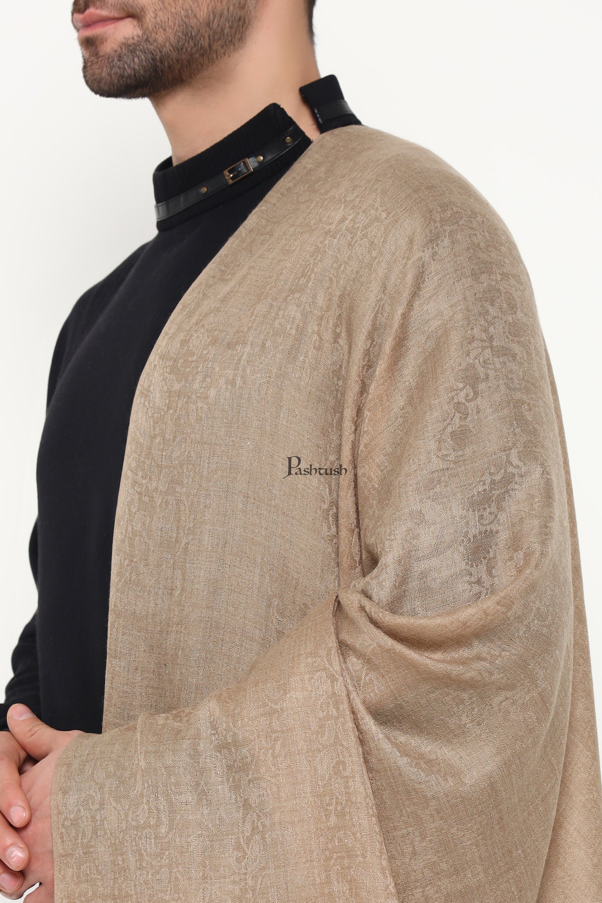 Pashtush India Mens Scarves Stoles and Mufflers Pashtush Mens Extra Fine Wool Stole, Paisley Weave Design, Taupe