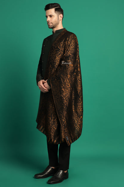 Pashtush India Mens Scarves Stoles and Mufflers Pashtush Mens Extra Fine Wool Stole, Paisley With Zari Design, Black