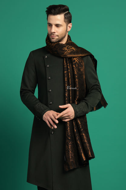 Pashtush India Mens Scarves Stoles and Mufflers Pashtush Mens Extra Fine Wool Stole, Paisley With Zari Design, Black