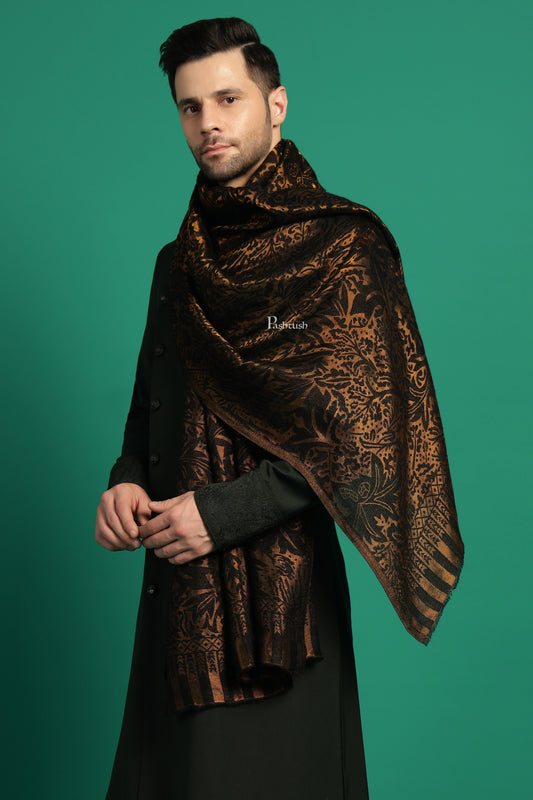 Pashtush India Mens Scarves Stoles and Mufflers Pashtush Mens Extra Fine Wool Stole, Paisley With Zari Design, Black