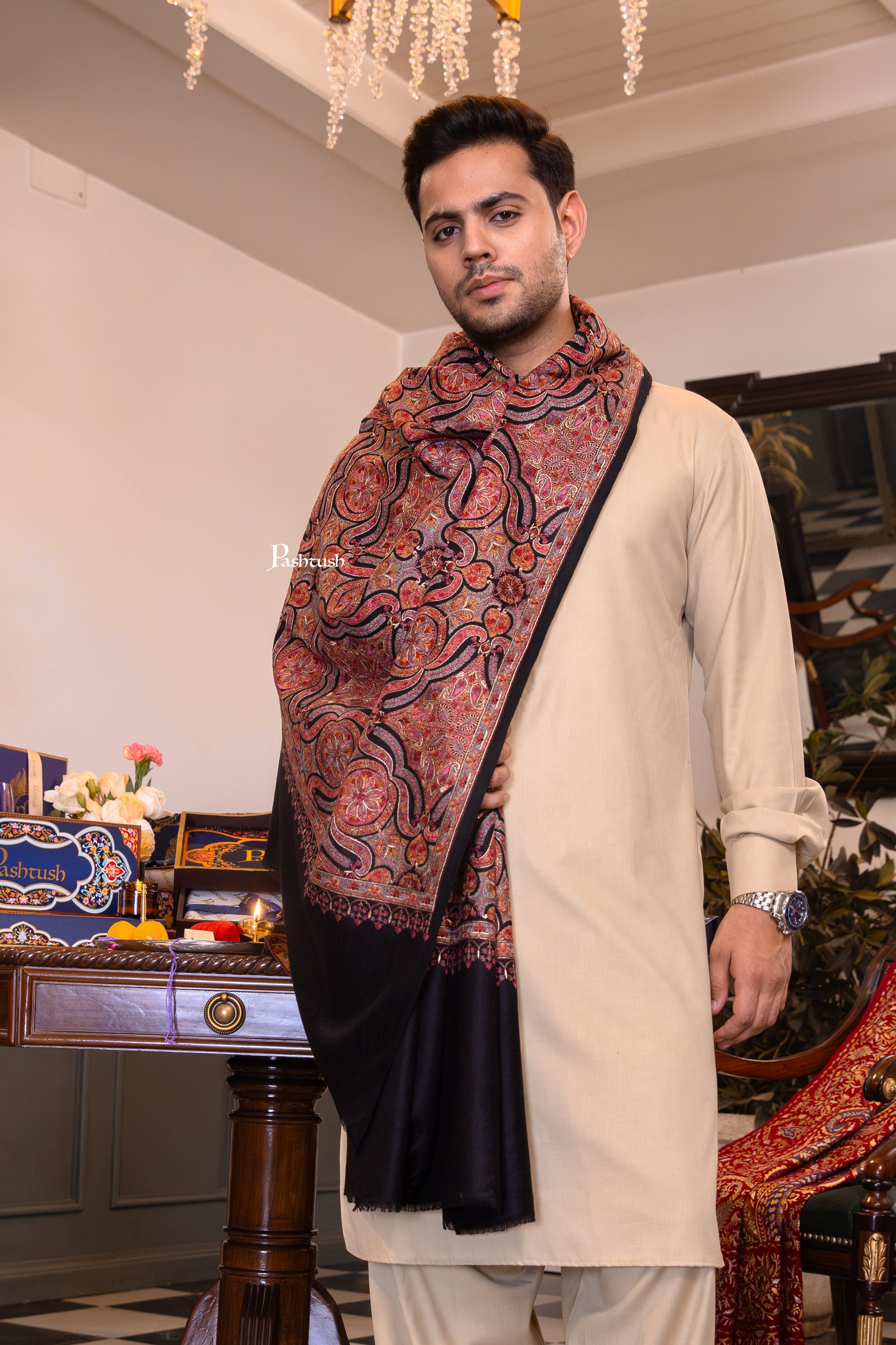 Pashtush India Mens Shawls Gents Shawl Pashtush Mens Extra Fine Wool Stole, Papier Mache Design, Black
