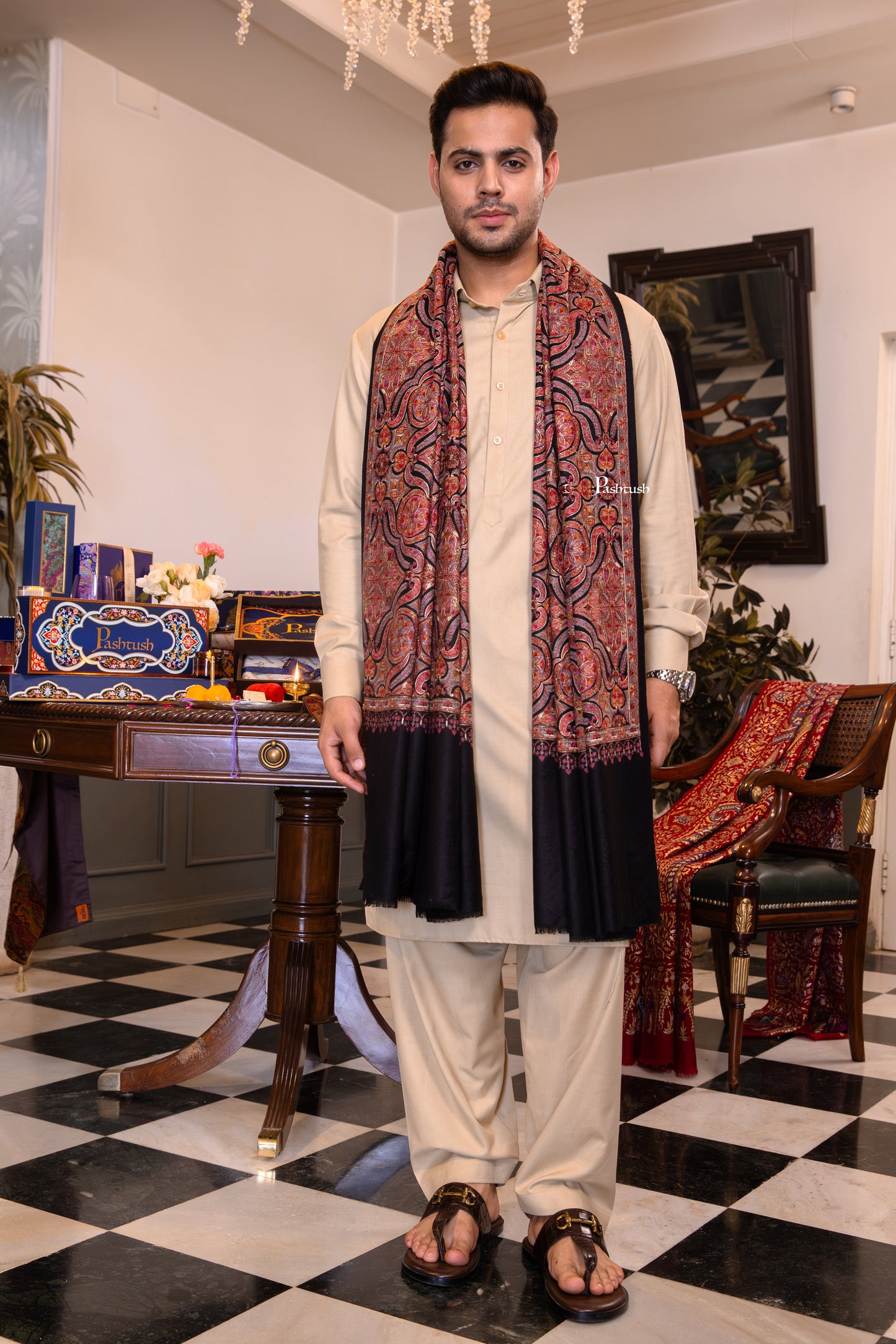 Pashtush India Mens Shawls Gents Shawl Pashtush Mens Extra Fine Wool Stole, Papier Mache Design, Black