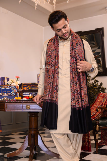 Pashtush India Mens Shawls Gents Shawl Pashtush Mens Extra Fine Wool Stole, Papier Mache Design, Black