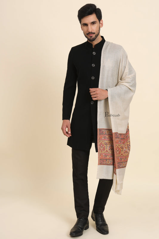 Pashtush India Mens Scarves Stoles and Mufflers Pashtush Mens Extra Fine Wool Stole, Pasiley Palla Design, Beige
