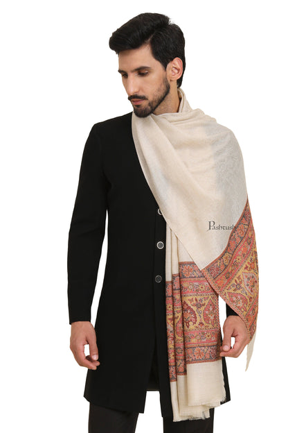 Pashtush India Mens Scarves Stoles and Mufflers Pashtush Mens Extra Fine Wool Stole, Pasiley Palla Design, Beige