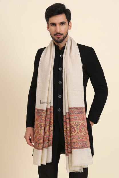 Pashtush India Mens Scarves Stoles and Mufflers Pashtush Mens Extra Fine Wool Stole, Pasiley Palla Design, Beige