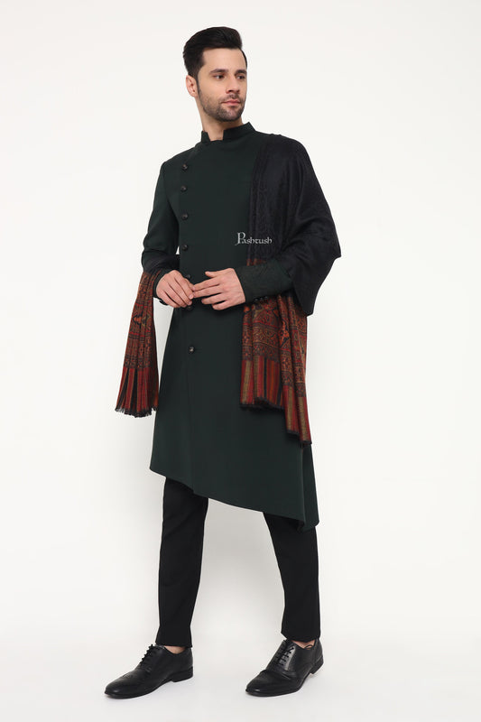 Pashtush India Mens Scarves Stoles and Mufflers Pashtush Mens Extra Fine Wool Stole, Pasiley Palla Design, Black